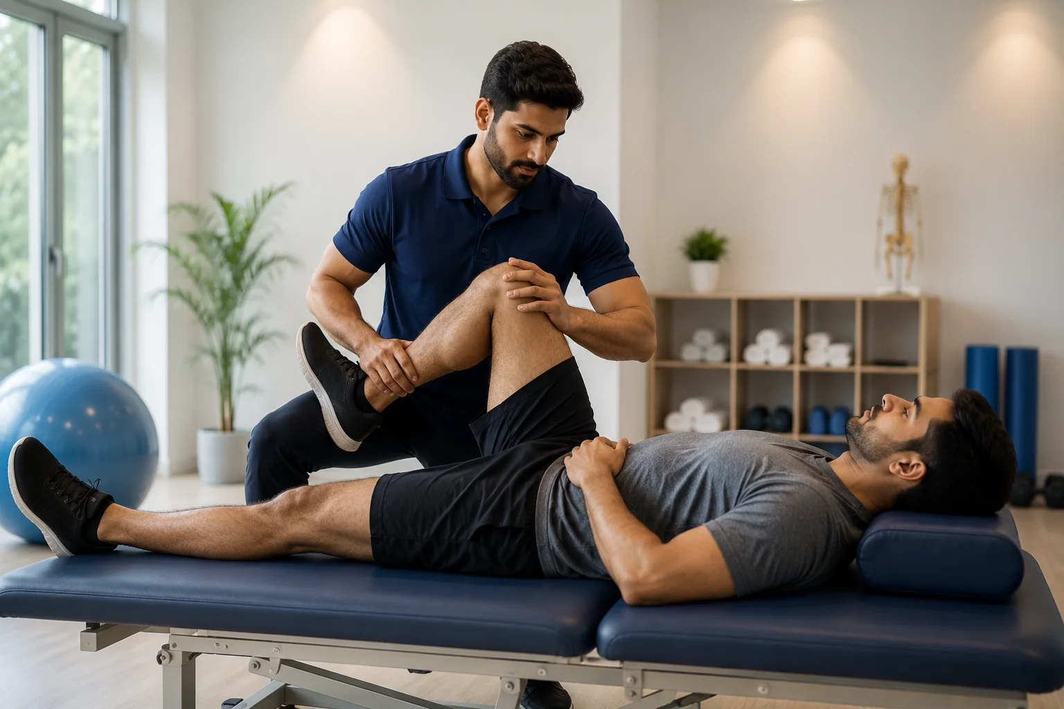 Male physiotherapist providing rehabilitation therapy to male patient in modern physiotherapy clinic