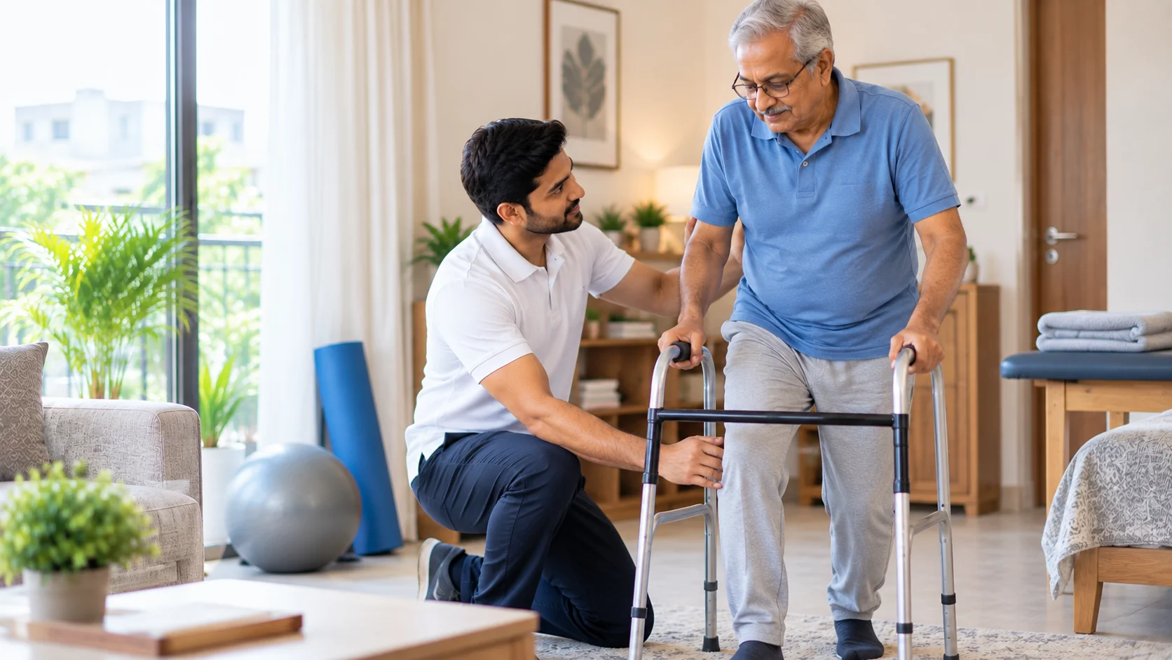 Home physiotherapy in Ghaziabad – male physiotherapist helping senior patient walk safely with walker at home during rehabilitation session