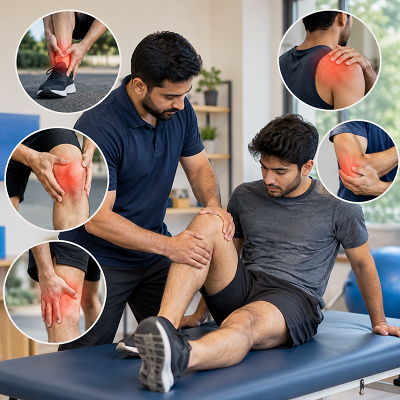 Sports injury physiotherapy assessment and rehabilitation exercises for knee, ankle, shoulder, and muscle injuries.
