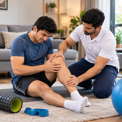 Male physiotherapist assessing a male patient's knee pain during sports injury rehabilitation at home.