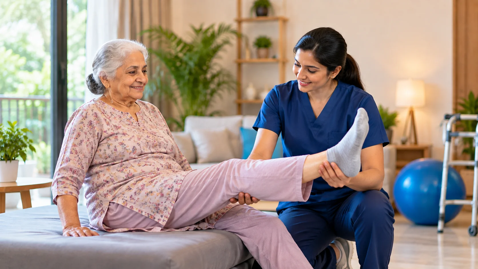 Female physiotherapist providing physiotherapy for senior citizens in Noida at home, helping elderly patient with mobility and leg exercise